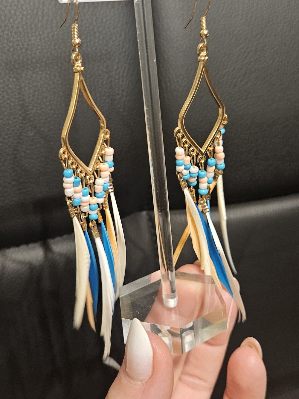 Boho Gold Drop Earrings with Blue and Cream Beads
